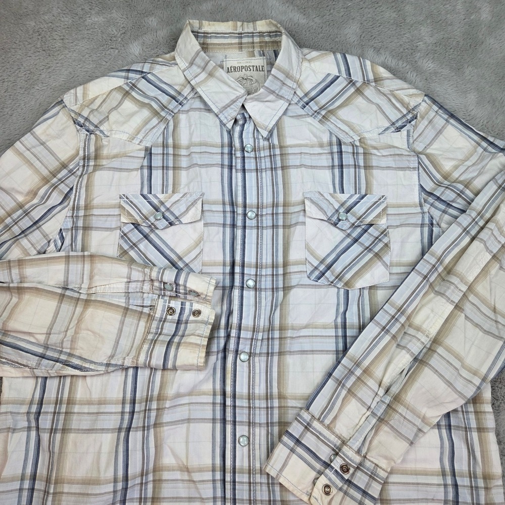 Aeropostale Western Snap Shirt Mens L Plaid Pearl Button Long Sleeve Tan Blue